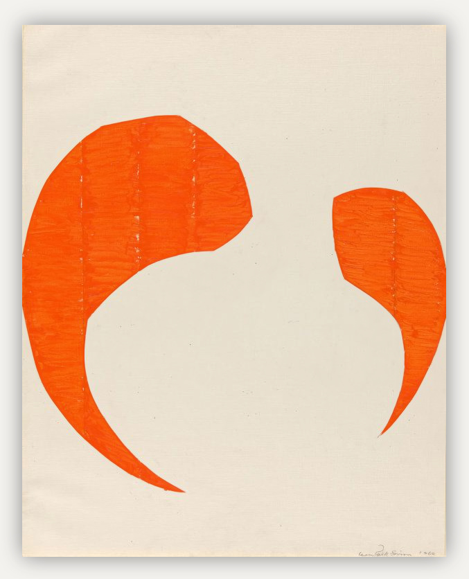 Composition with Orange Forms work on paper by Leon Polk Smith composed of two orange shapes that are are rounded on top then taper off to be sharp on tehe bottom. They face inwards towards each other. The outer edges of the shapes are not smooth but rather look cut out roughly. The overall feel is one of motion inwards like two ghostly figures looking at each other.