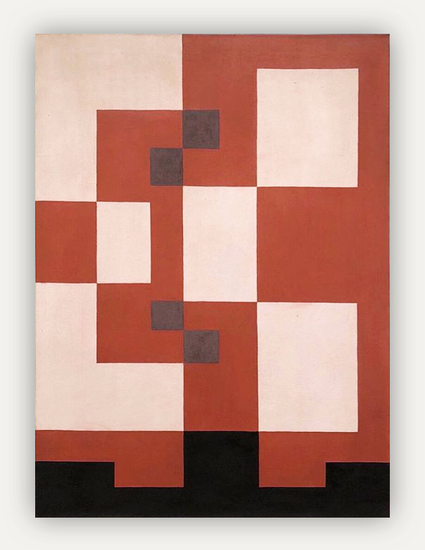 Earthy reds, sand colors, and an accent of pure black come to life in this geometric abstract work. The shapes are square and rectangular reminiscent of Mondrian.