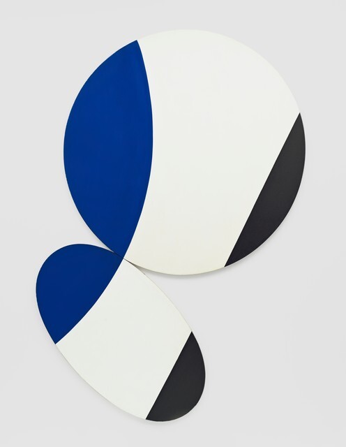 Large circle and smaller oval canvases slightly touching each other, white background and a large blue and black arc moving in from the left and right