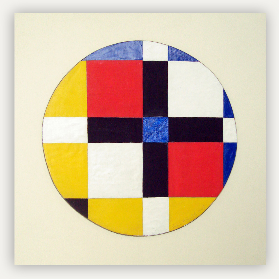 Circular tondo study on paper - geometric primary colors, rectangular and square shapes within the circle divide the colors