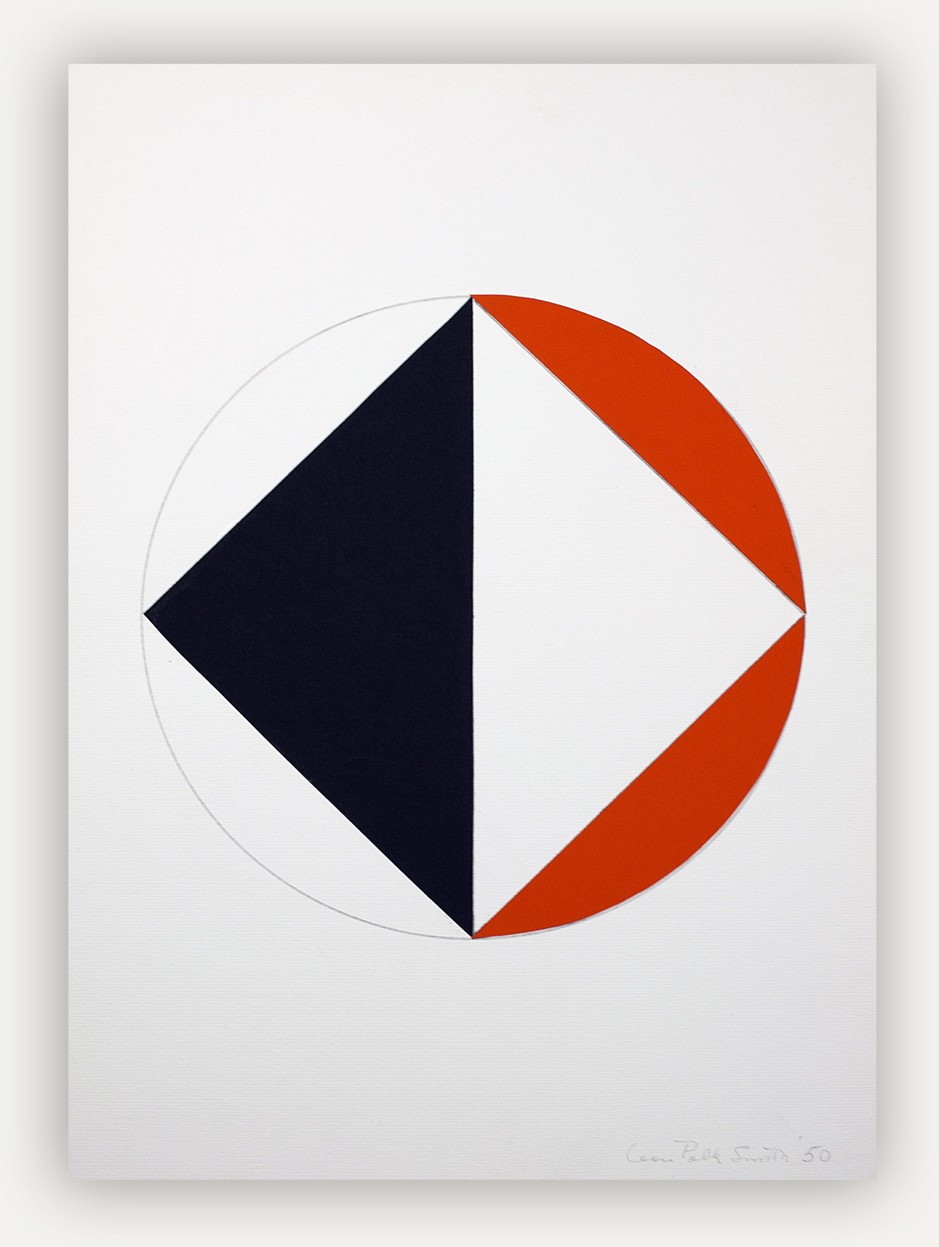 Abstract circular 'tondo' on paper by Leon Polk Smith - A square turned on it's side to form a diamond, cut in half, the left side black and the right side white. The space left within the circle on the left is white and red on the right. The overall feel of this painting is that of start geometric primitive shapes perfectly aligning with each other to form a centered balance.