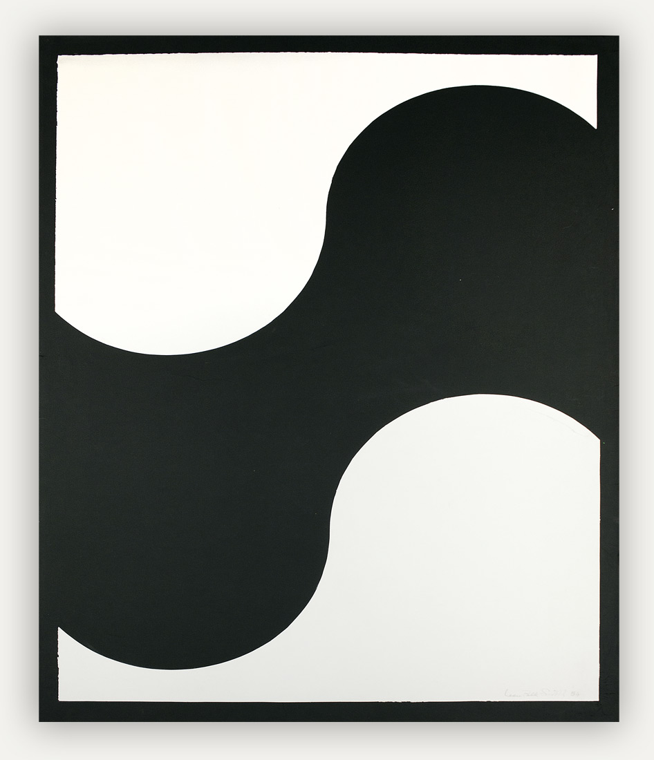 Abstract composition resembling a black wave on white background. The rectangular paper cropping the work has a thick black border. The overall feel of this work is round bulbous shapes flowing in a frame.