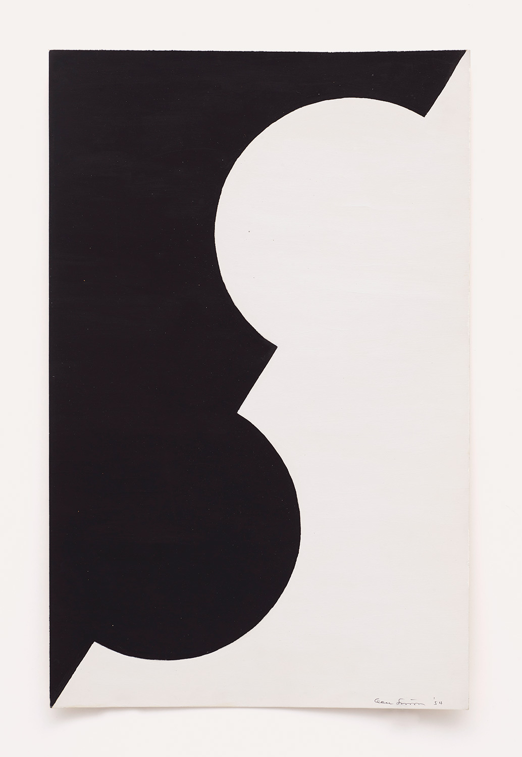 Geometric black and white composition using black paint on white paper by Leon Polk Smith. the shapes created by the negative space make you wonder which dominant. A triangular shape is cut through the paper and two circles protrude into the triangular shapes from either side creating a powerful feeling of tension.