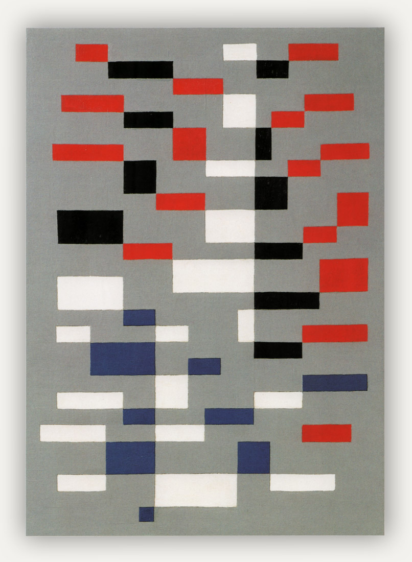 Tall rectangular medium grey canvas with small black white red and blue rectangles staggered from top to bottom in columns creating the appearance of upward motion. A track of white and black runs down the middle, red on the right and top left, some dark blue rectangles appear toward the bottom left.