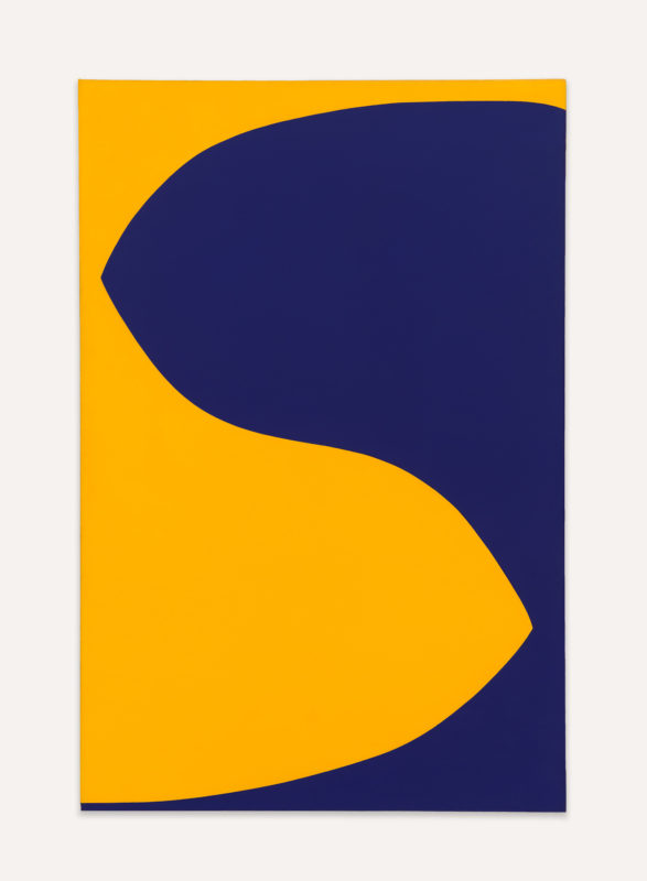 Two cut-out looking shapes fit into each other perfectly to form what looks like an 'S' shape. The shape on the left is a yellow color, and the shape on the right is a deep cobalt violet color.