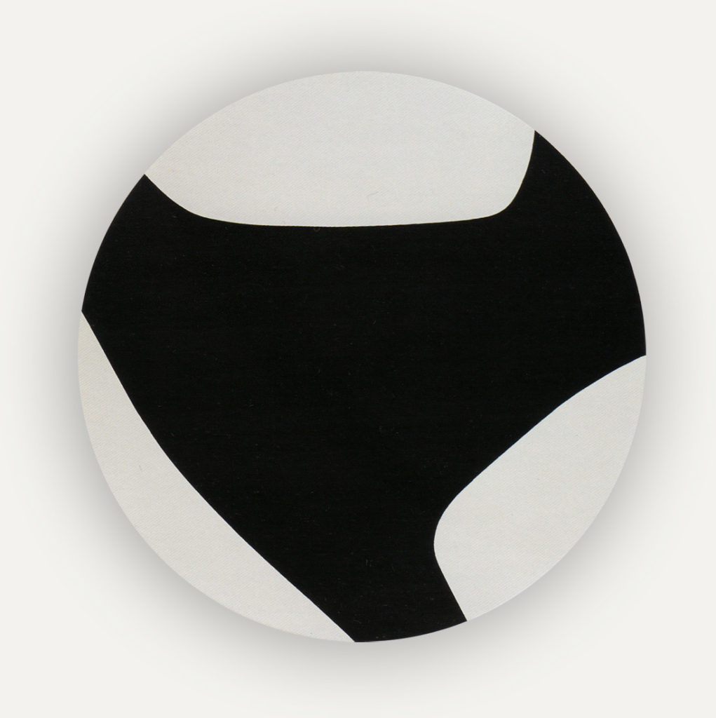 Circular 'tondo' painting can be seen as black on white or white on black, there are large shapes of white coming in from the sides and a black shape with harder edges formed by the crop of the circular canvas.
