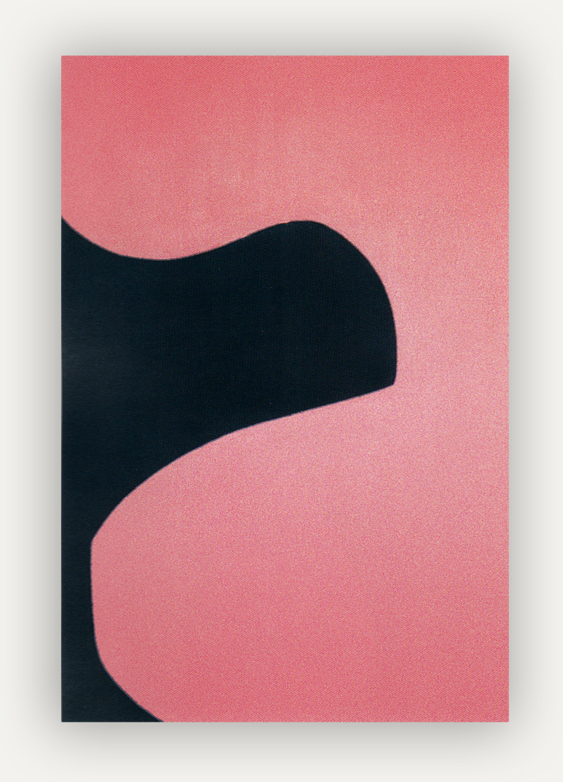 Tall pink rectangular canvas with a cutout looking shape in jet black entering from the left. It appears to be slightly grounded but holding most of it's weight up to enter the frame and show itself.