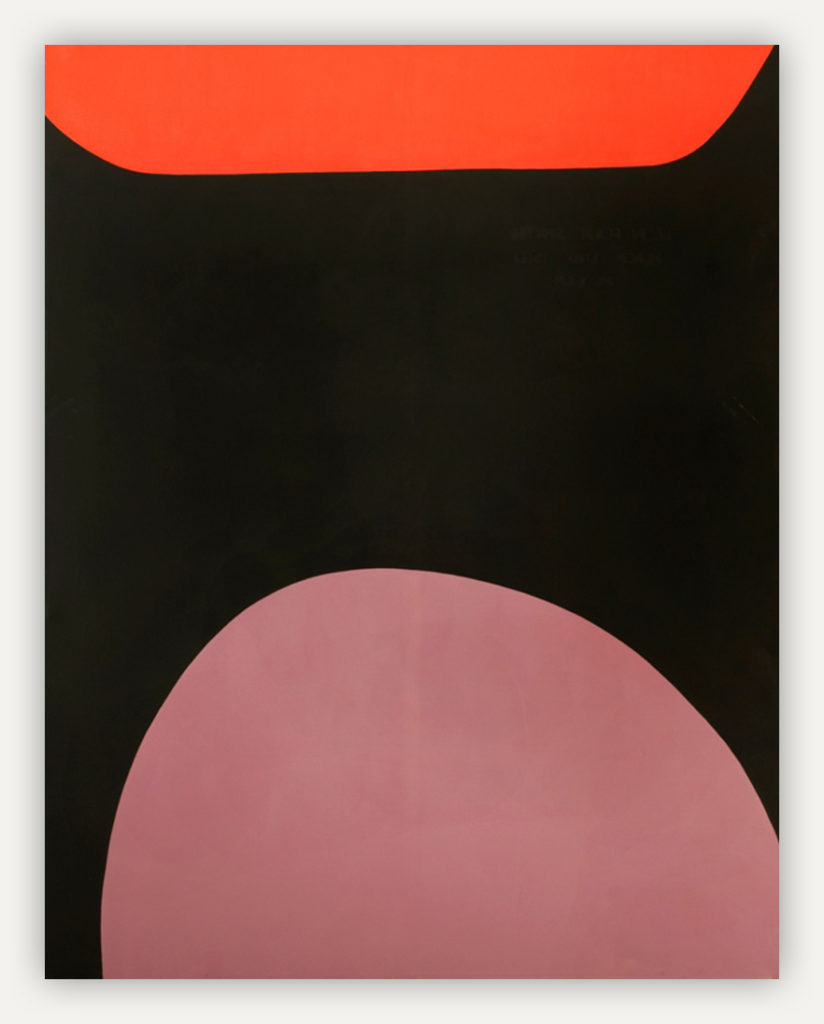 tall rectangular black canvas with a mauve colored round shape pushing in from the bottom, and also a bright red more squared off shape barely showing from the top.