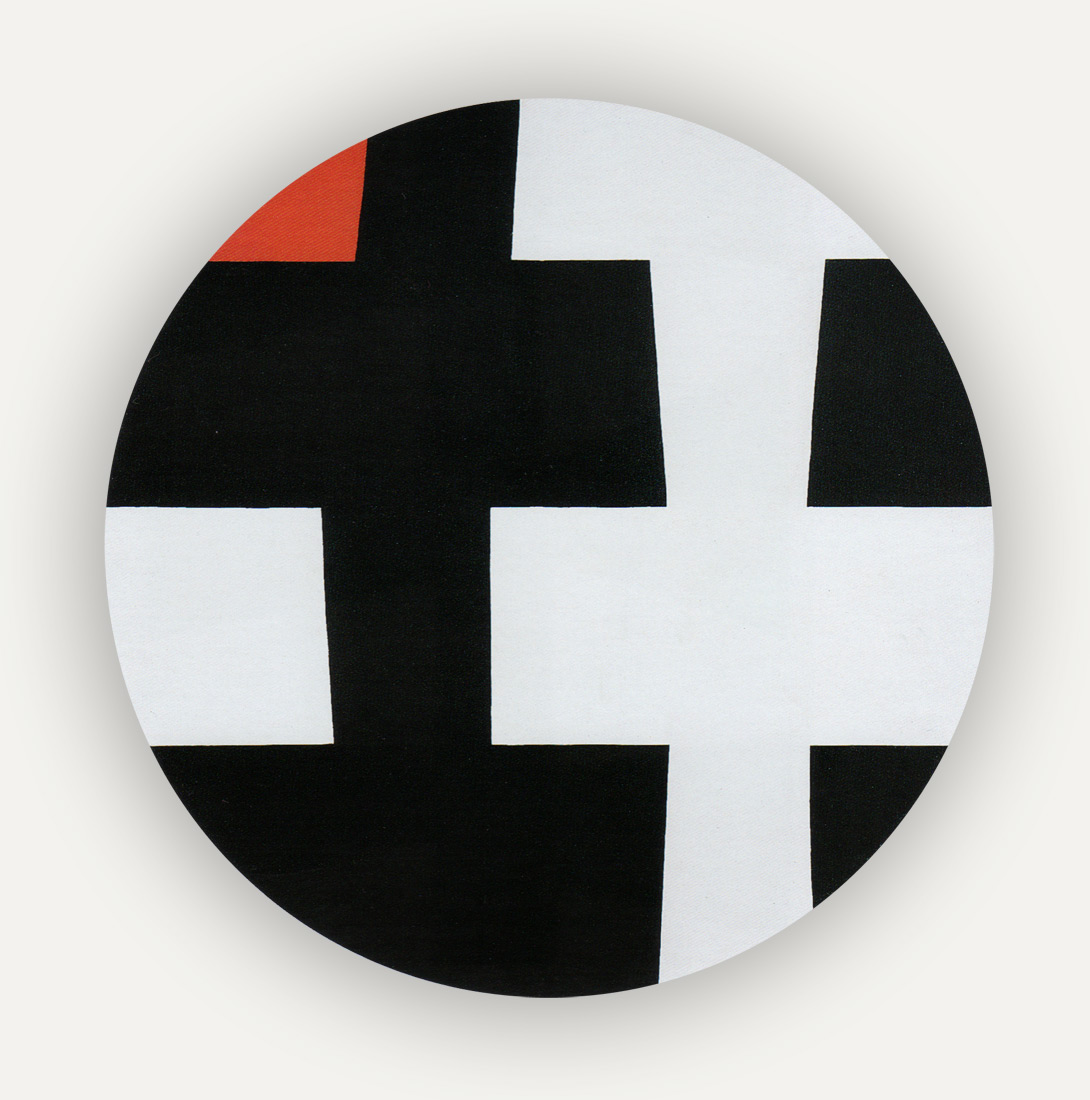 Circular Tondo, black and white shape pattern fitting together perfectly. The pattern is cropped tightly by the circle, one of the white edges is replaced with a primary red triangle. The overall feel of the work is a little tense.