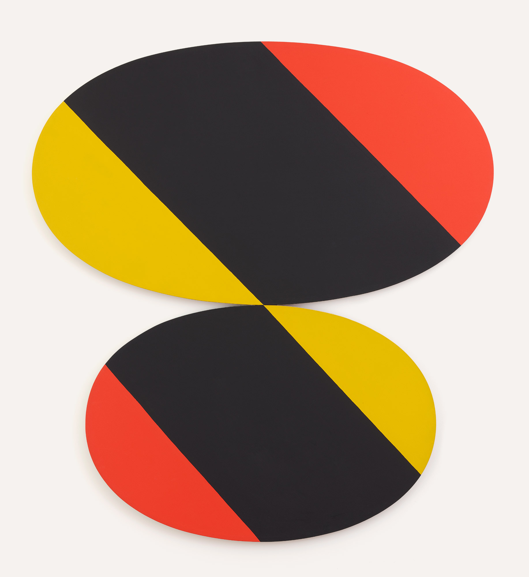 Two oval canvases wider than tall, the top one is larger than the bottom and is perfectly balanced one over another. diagonal shapes cut through both of the canvases forming lines from the left to bottom right. The colors are bright red (verging on orange) black, and primary yellow.