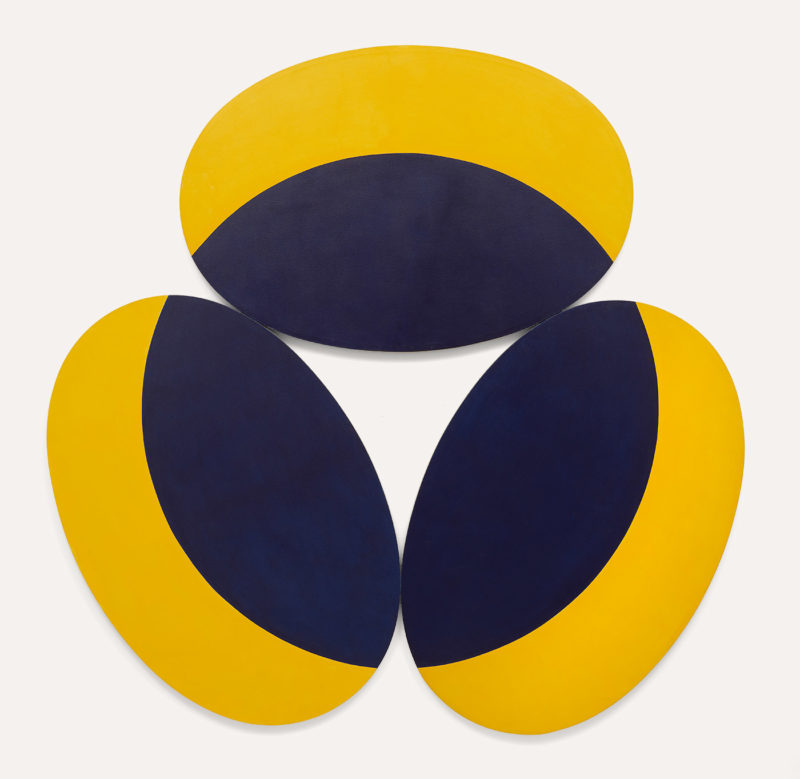 Three wide oval yellow canvases arranged in a triangle with one wide on top perfectly horizontal and the other two revolving around an imaginary center point pulling them all towards each other. A large blue circle is cut into the overall piece, creating arcs in each of the ovals. The space leftin the center makes a negative shape of a share triangle.