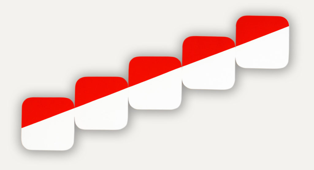 Five rounded corner square canvases. Each has a white background with the top third cut at a diagonal with bright red caps. The canvases are arranged at the same angle so the cut between red and white makes an un-broken line towards the upper right as the canvases stair-step upwards.