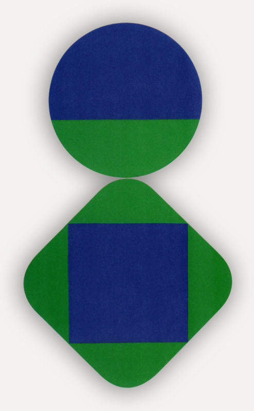 Circular canvas balanced on a rounded diamond shaped canvas. Both have rich primary blue and green colors. the top circle is cut horizontally to have blue on top and green in the lower third. The diamond is a green background with a blue square in the center perfectly touching the edges with it's vertices.