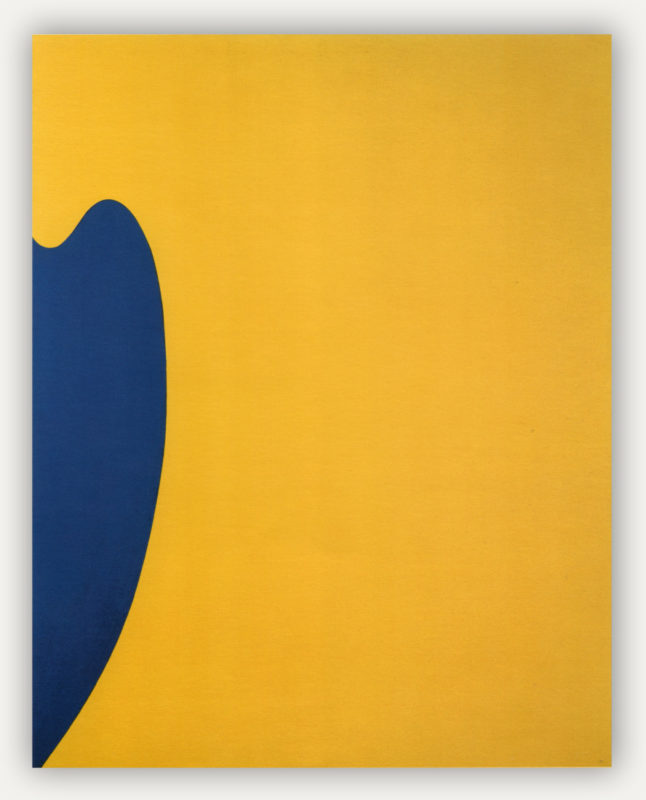 Tall rectangular yellow canvas with a small blue wave shape streaking upwards, slightly entering frame on the left bottom. The overall feel is that of a yellow canvas with the small blue rounded wave shape just barely entering.
