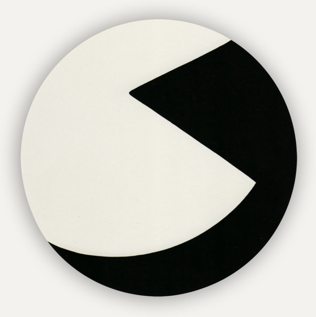 Round 'tondo' painting. Black and white sharp cut shapes with one rounded line fit into each other giving roughly equal weight to the two colors making it hard to tell which is the dominant shape.