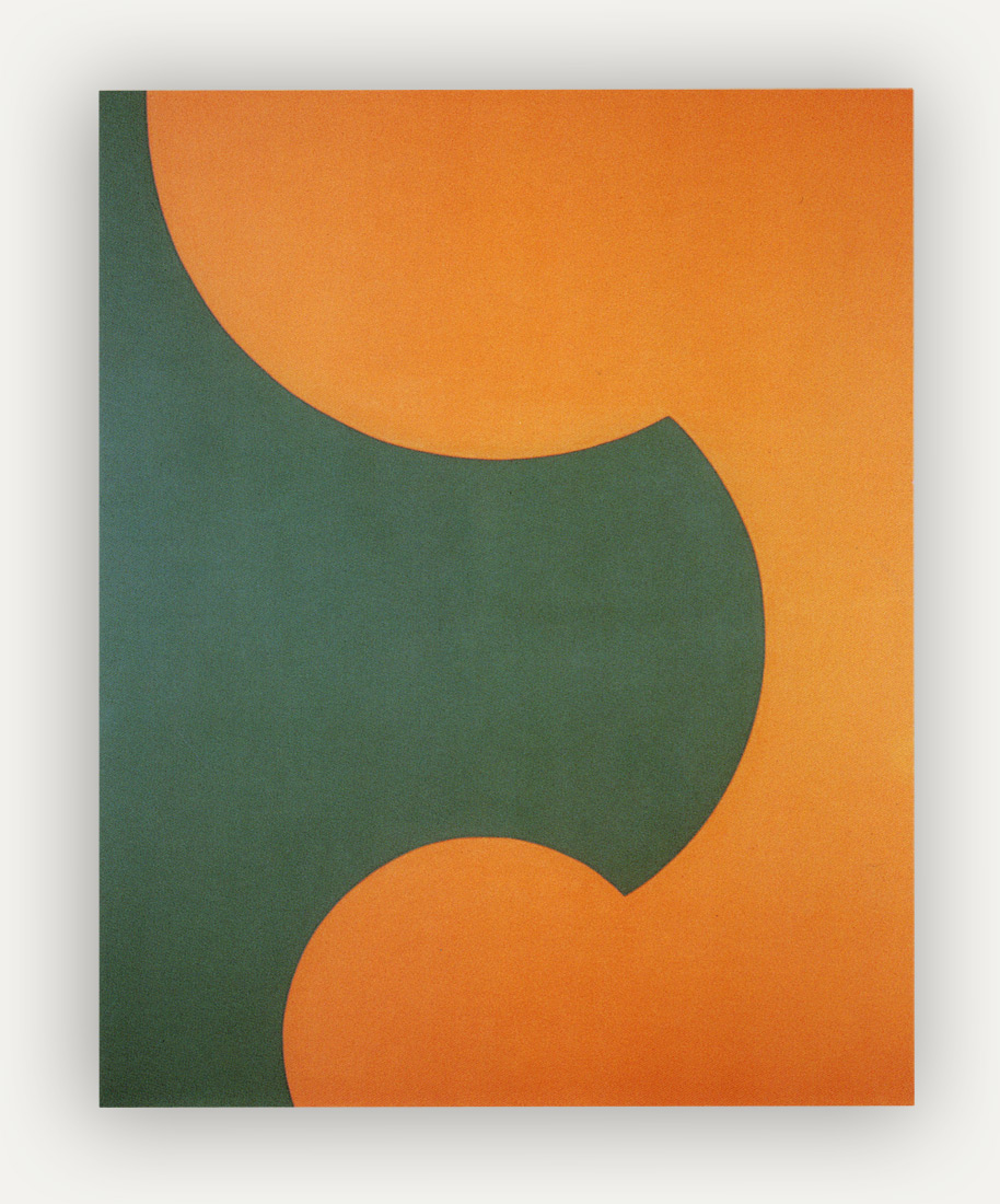 Tall rectangular orange canvas with a dark mossy green shape moving in from the left side . The shape fits into the orange like the tip of a jigsaw puzzle piece.
