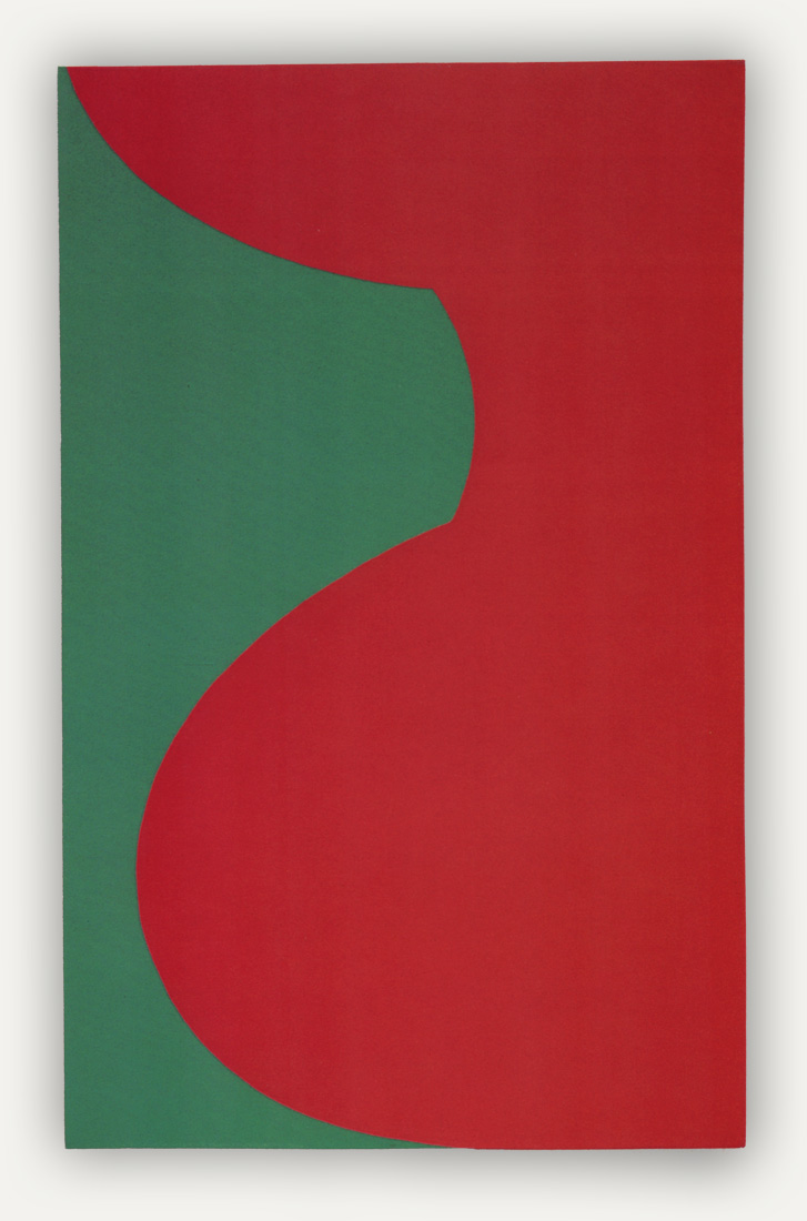 tall rectangular canvas with two shapes cutting into each other. From the left a green shape cuts into red, it is slightly anchored on the bottom but mainly protrudes into the top, making it look like it's using a lot of energy to stay perched up there.