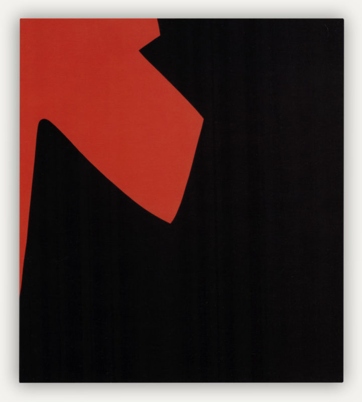 Tall black rectangular canvas with an irregular bright red shape moving in from the top left towards bottom right