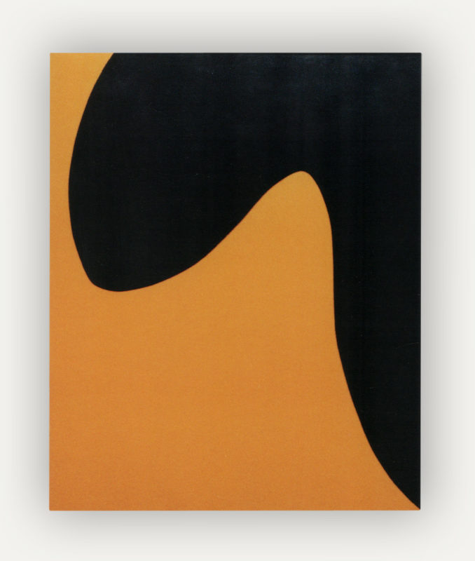 Tall rectangular artwork with an orange shape protruding from the bottom over black. The orange comes to a point towards the middle.