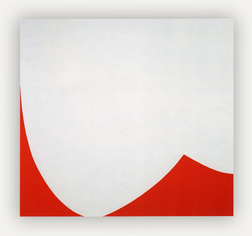 Square canvas with bright red sharp shapes moving into frame from the bottom. Can also be seen as large bulbous white shapes coming down from the top of the canvas covering most of it.