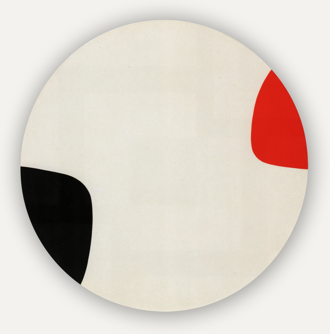 Circular Tondo painting. White background with small black and bright red shapes nudging in from the corners