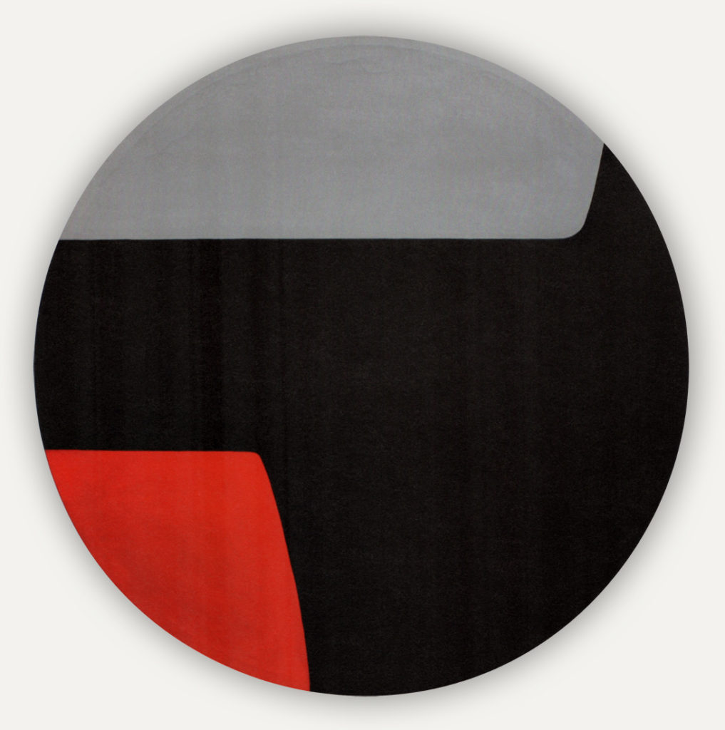 Circular 'tondo' canvas two shapes come into frame a larger grey one from the top and smaller bright red shape from the bottom left. Leaving the center background black.