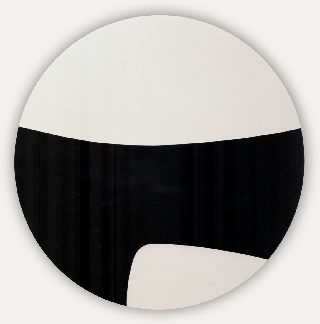 Circular tondo painting, very large white shape caps the top of the canvas, and a smaller white shape edges up from teh bottom leaving the center still and black