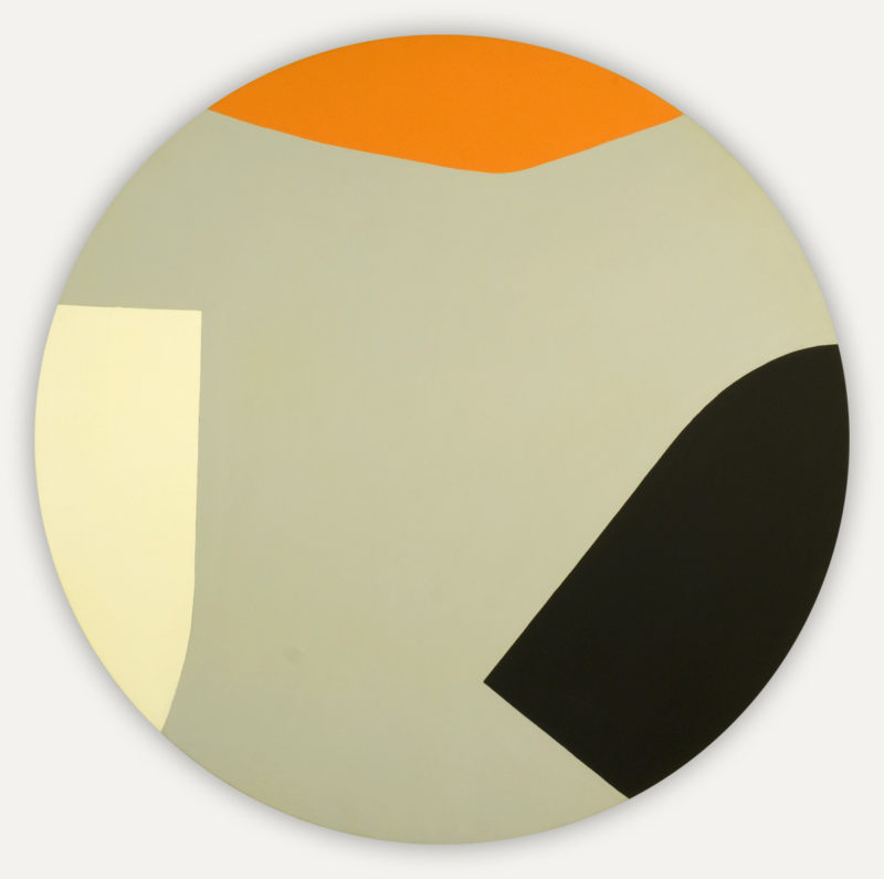 Circular 'tondo' beige colored canvas with three small shapes coming in from the sides, orange from the top black from the right and white from the left. The shapes are both sharp and curved