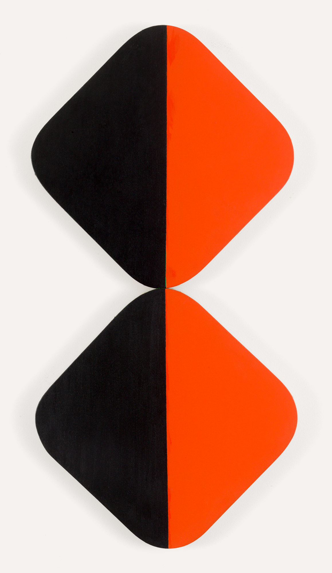 Two rounded corner square canvases turned like diamonds stacked, the canvases are split down the middle, the left half black and the right half bright red.