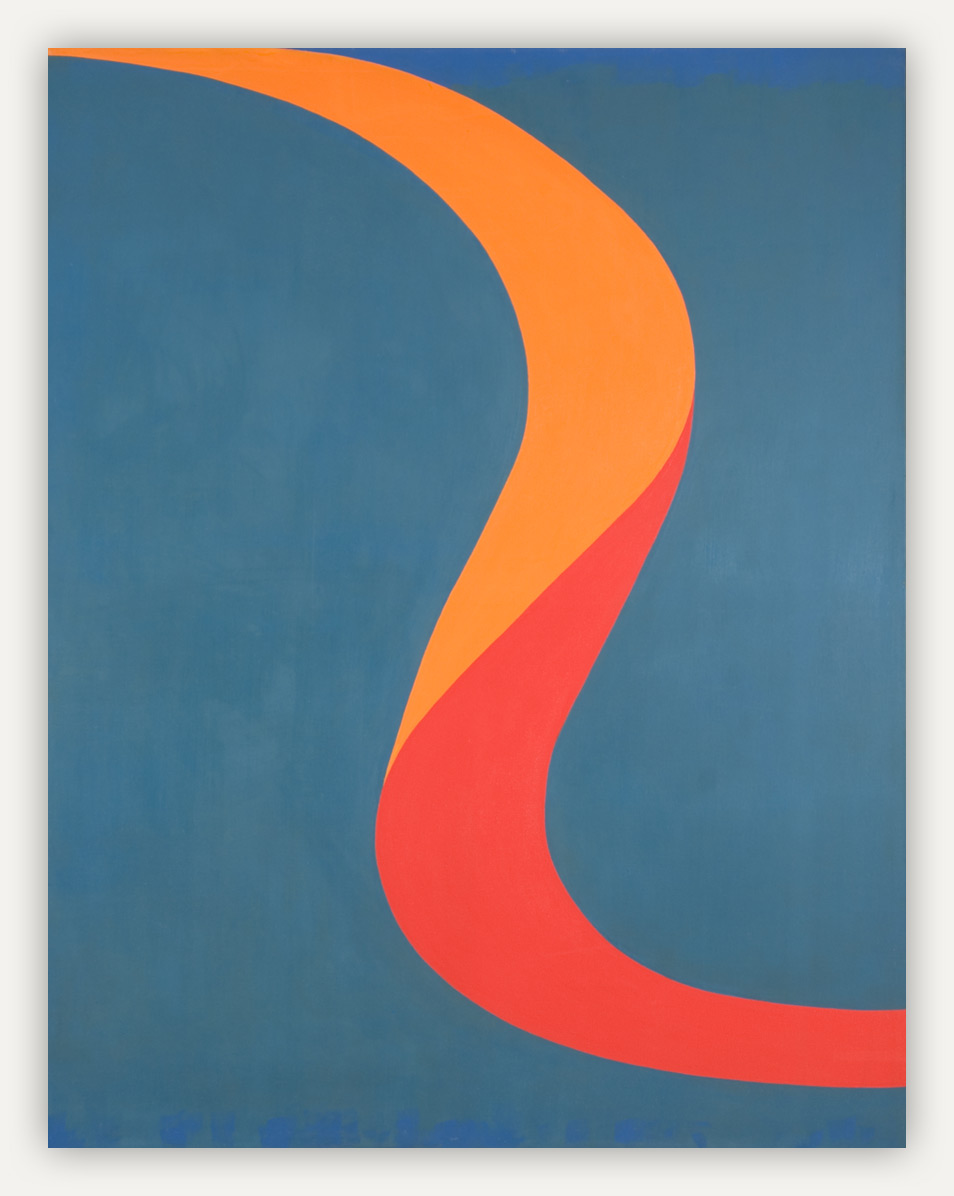 blue rectangular canvas with a wavy backwards s. The 's' shape is cut in alf with two colors orange on the top and red on the bottom.