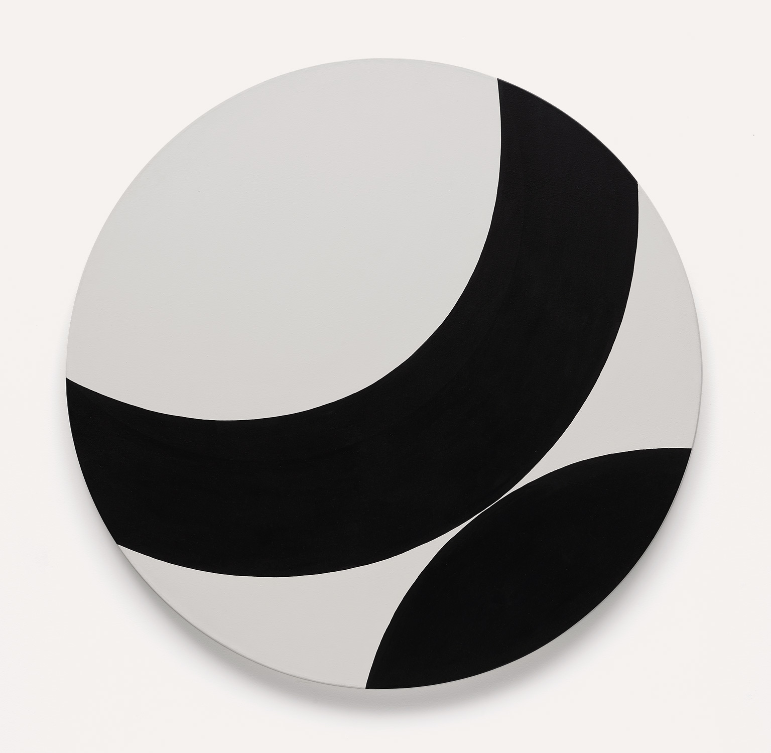 Round 'tondo' painting, white canvas with a very thick outline of another black circle intersecting the frame and yet another black circle just barely touching it. Overall feel is circles touching cropped by a circle.
