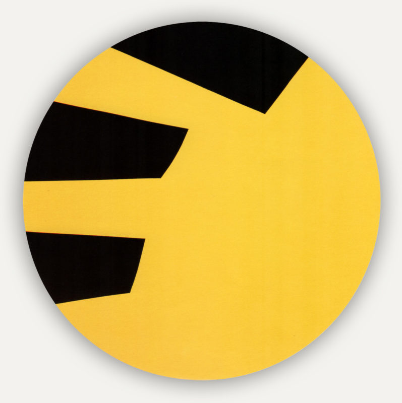 Circular 'tondo' canvas with yellow background. Three black finger-like shapes enter from the left.