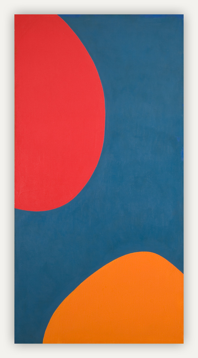 Very tall rectangular blue canvas with bright red oval moving in from the top left and orange rounded shape coming in from bottom right. The large shapes are not fully in frame leaving a lot of blue.