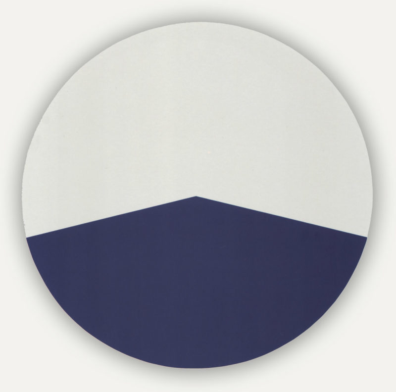 Circular 'tondo', very light grey almost white background, bottom half of the canvas has a dark blue shape, which looks like a wide road running off into infinity.