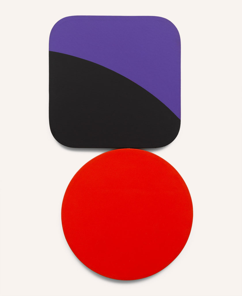 Constellation Square Circle Violet Black Red by Leon Polk Smith is comprised of two canvases, on the bottom is a perfect circular canvas painted bright red, balanced a little off center, leaning left a bit is a rounded square canvas of black and purple. The black shape is a cut arc that divides the square in half starting from the top left ending at bottom right. The overall feeling of the piece is that of balance and powerful grounded energy.