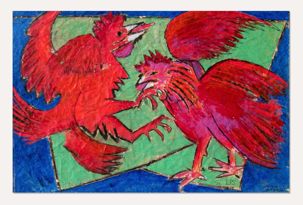 Rooster Fight, 1938. Paint and varnish on paper. With mount: 12 x 17 3/4 in.